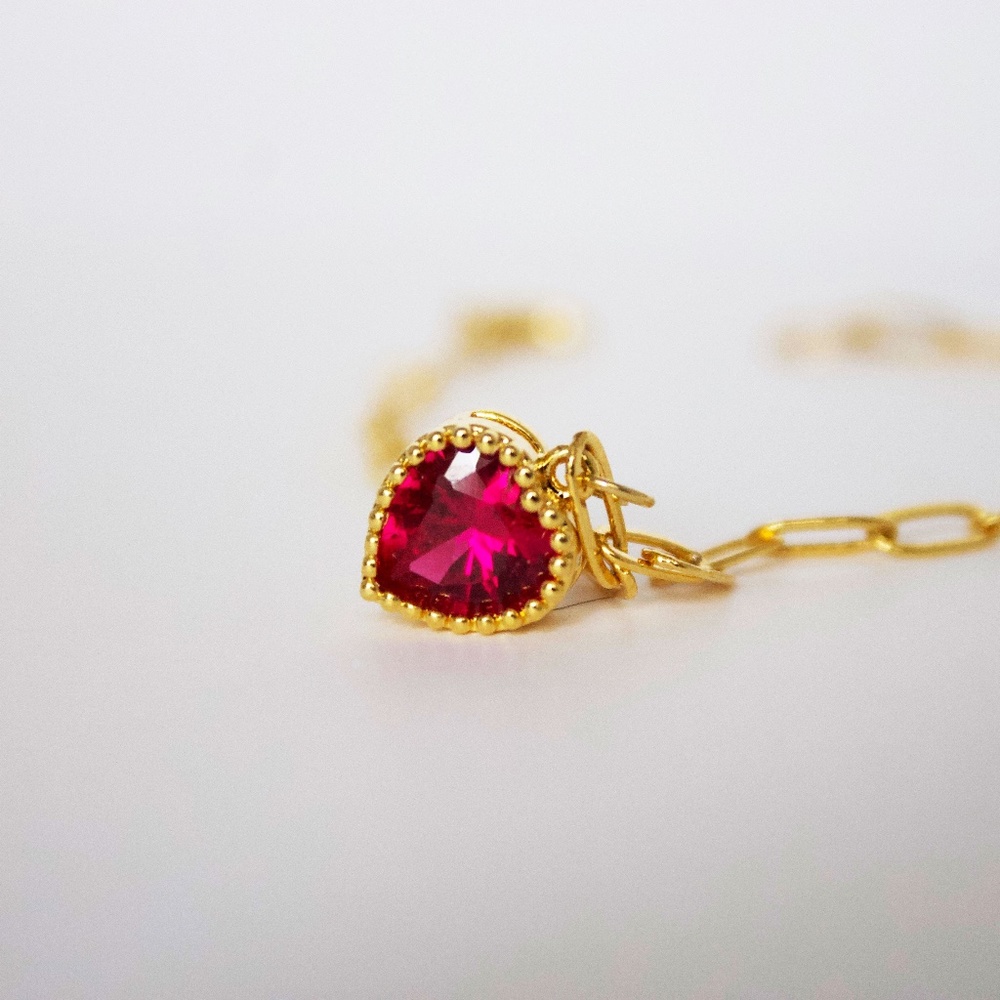 24K Gold Plated Chain Bracelet with Red Zirconia Heart Pendant
